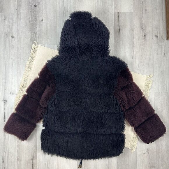 Rare Tommy Hilfiger Fur Coat Shearling Hooded Jacket Navy Burgundy Size 2 - Picture 2 of 12